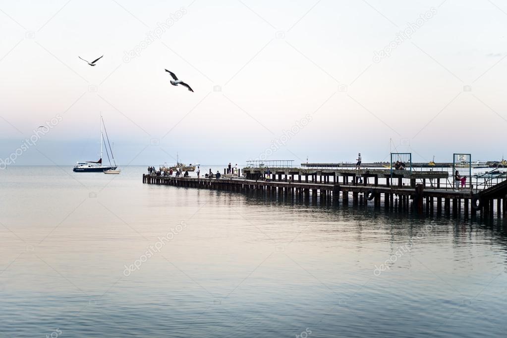 Sea pier at sunset with seagulls