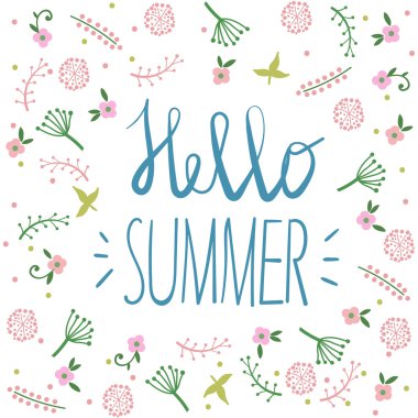 Yaz daveti, tebrik kartı şablonu veya poster. Doğa çiçek set tasarımı vektör çizim bitki.