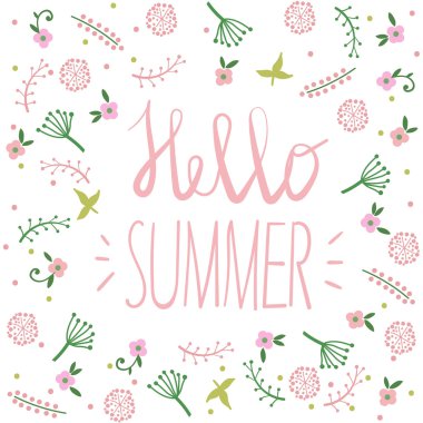 Yaz daveti, tebrik kartı şablonu veya poster. Doğa çiçek set tasarımı vektör çizim bitki.