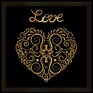 Altın vektör süs çiçek süsleme siyah arka plan üzerine. Kalp şeklinde zerafet