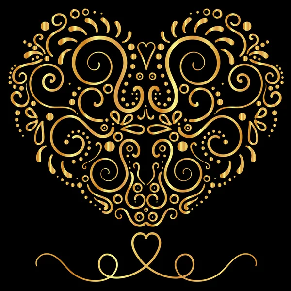 Adorno floral ornamental vectorial dorado sobre fondo negro. Forma elegante del corazón — Vector de stock