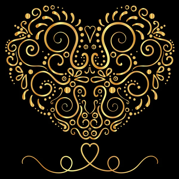 Golden  Vector ornamental floral ornament on the black background. Elegance shape of heart — Stock Vector