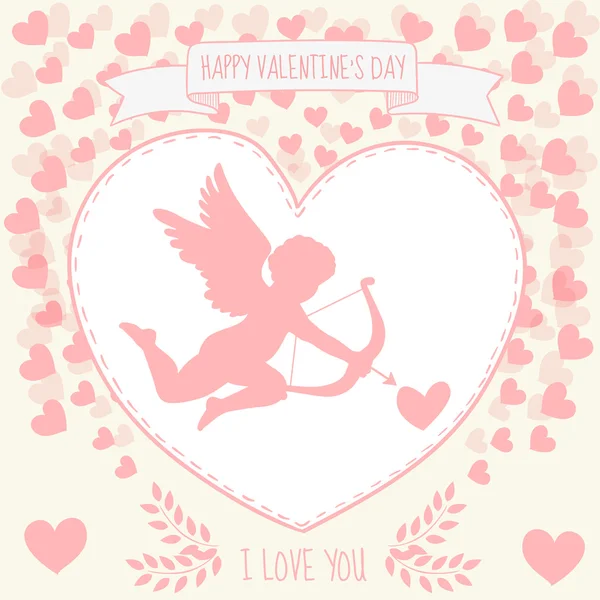 Glückliche Valentinstag-Streukarte. Niedlicher Kupidon zielt ins Herz — Stockvektor