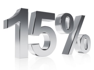 Realistic silver rendering of a symbol for 15 % discount or gain