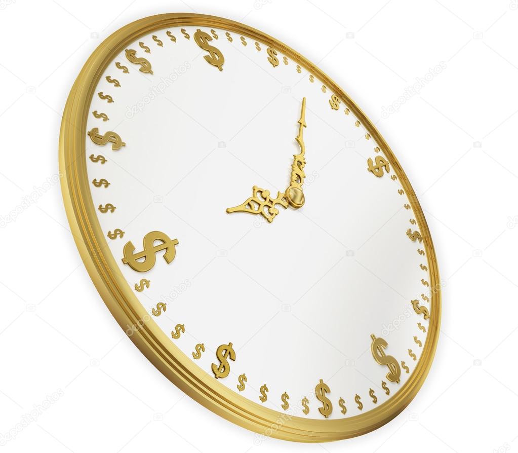 A realistic golden rendering of a clock with dollars as digits (