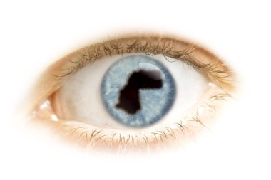 Close-up of an eye with the pupil in the shape of Western Sahara