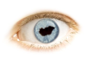 Close-up of an eye with the pupil in the shape of Hungary.(serie