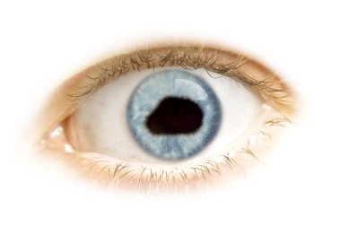 Close-up of an eye with the pupil in the shape of Baker Island.(