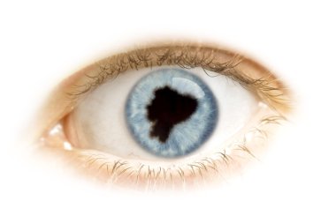 Close-up of an eye with the pupil in the shape of Ecuador.(serie