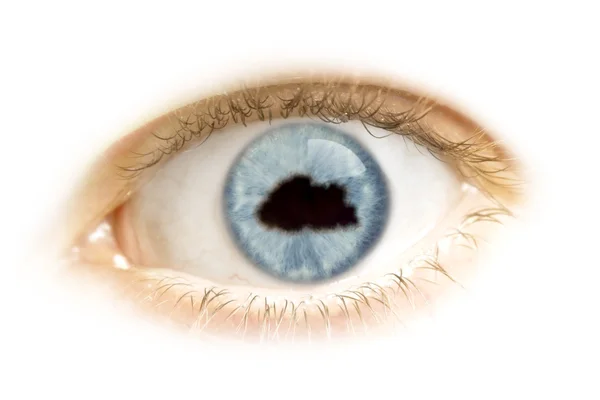 Close-up of an eye with the pupil in the shape of Bhutan.(series — Stock Photo, Image