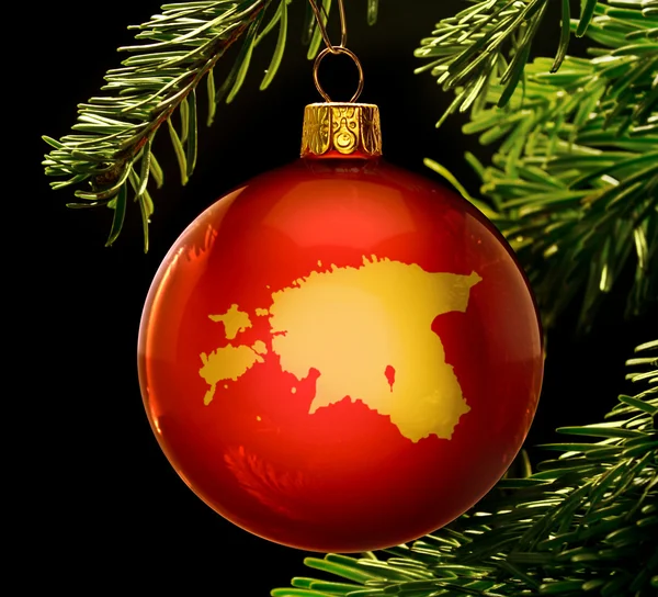 Red bauble with the golden shape of Estonia hanging on a christm — Stock fotografie