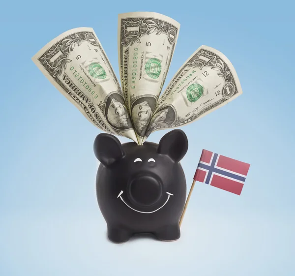 One dollar banknotes in a happy piggybank of Norway.(series) — Stock Photo, Image