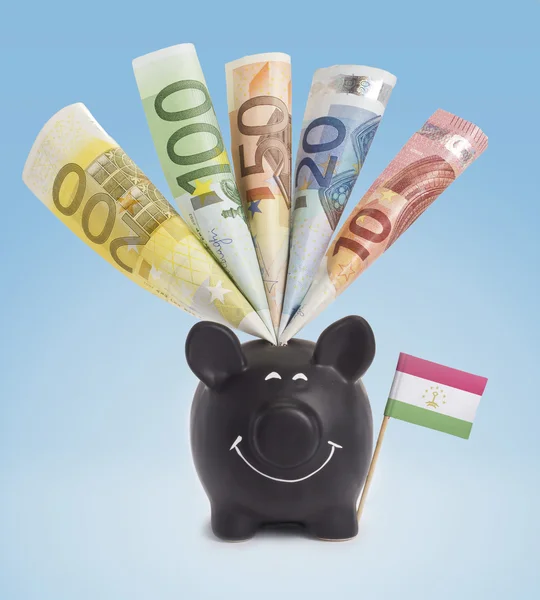 Различные европейские банкноты в счастливом копилке Таджикистана. (s — стоковое фото