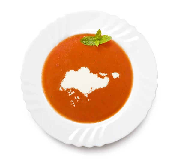 Piring sup tomat dengan krim dalam bentuk Singapura. (seri ) — Stok Foto