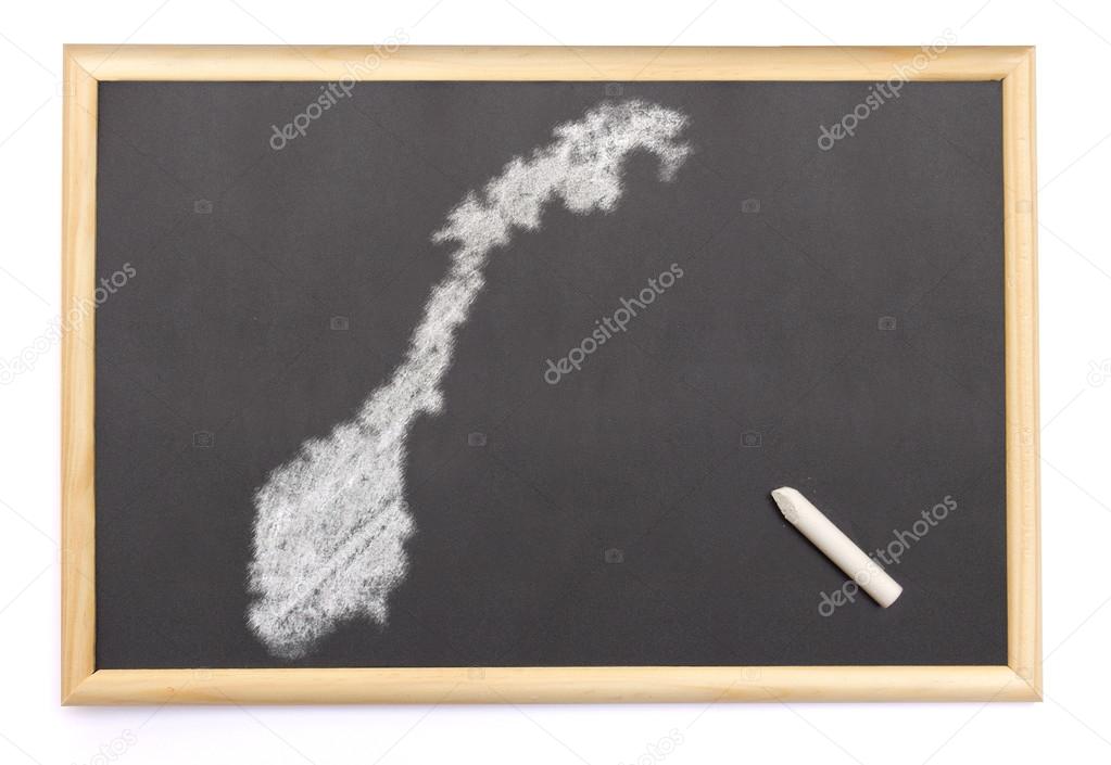 Blackboard with a chalk and the shape of Norway drawn onto. (ser
