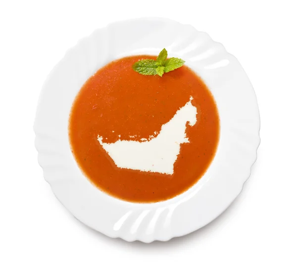 Plate tomato soup with cream in the shape of United Arab Emirate — Stock Photo, Image