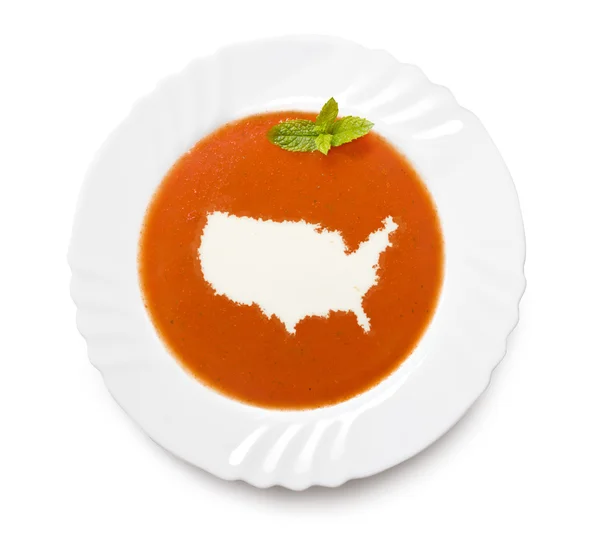 アメリカの形をしたクリーム プレート トマトのスープ。(シリーズ) — ストック写真