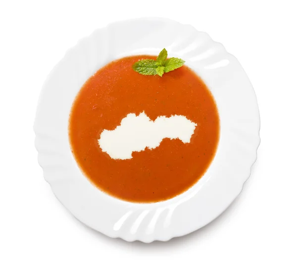 Plate tomato soup with cream in the shape of Slovakia.(series) — Stock fotografie