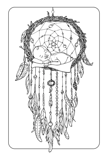 Coloring page with child on a dreamcatcher — Stock Photo, Image
