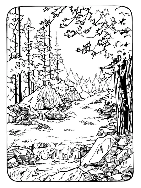 Coloring page with river and the wood — Stock Photo, Image