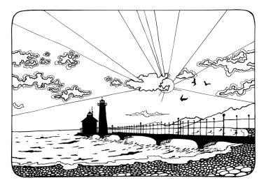 coloring page with sunset and the sea clipart