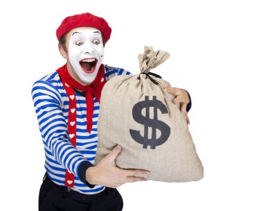 Mime with money bag.Emotional funny actor wearing sailor suit, red beret posing on white isolated background.