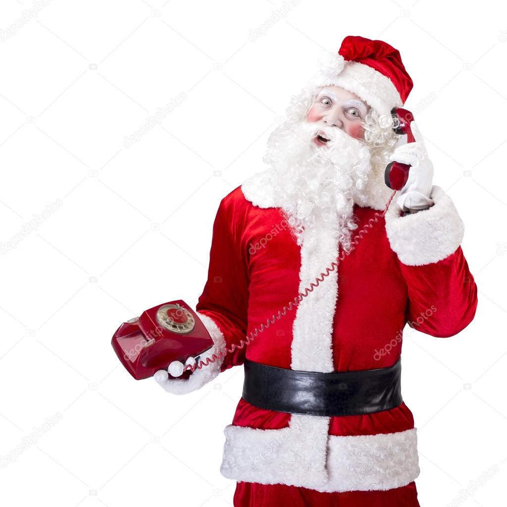 santa claus with red telephone posing on white isolated background stock photo - Telephone Pere Noel santa claus with red telephone posing on white isolated background stock photo - Telephone Pere Noel