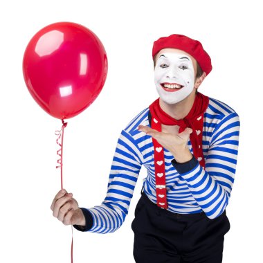 Mime with balloon.Emotional funny actor wearing sailor suit, red beret posing on white isolated background. clipart