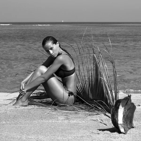 Donna in bikini con ramo di palma sulla spiaggia vicino al mare godendo del sole. Capelli lunghi e bagnati. Volume acconciatura riccia. Tropici. Giornata estiva calda. Ragazza sexy. Una vacanza. Foto dall'isola di Phuket. Tailandia — Foto Stock