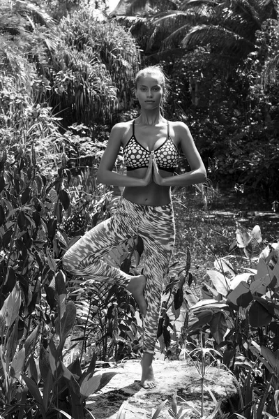 Yoga kadın şık spor giyim giymiş tropiklerde teşkil etmektedir. Phuket Island, Tayland — Stok fotoğraf