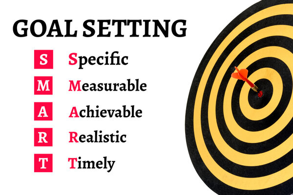 words goal setting with dart target on bullseye 