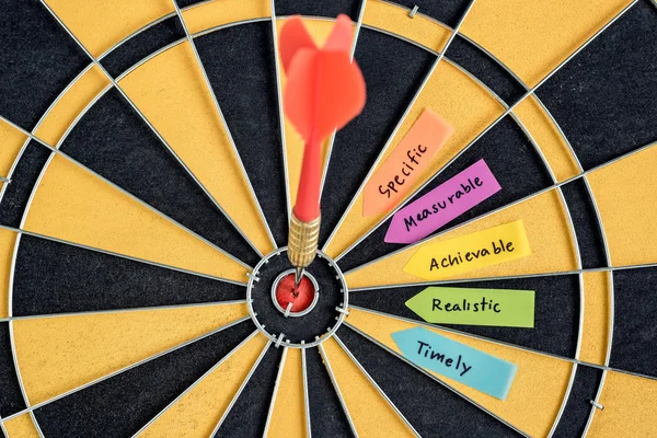 Palavras objetivos inteligentes com alvo de dardo no alvo dartboard — Fotografia de Stock