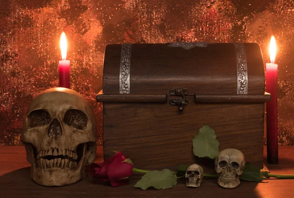 Stillleben-Malerei Fotografie mit menschlichem Schädel, Rose, Kerze — Stockfoto