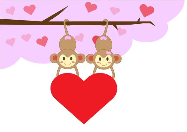 Couple monkey holding red heart on love tree — Stock Vector