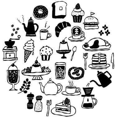 El yapımı kafe menüsü ve tatlılar monokrom illüstrasyon seti