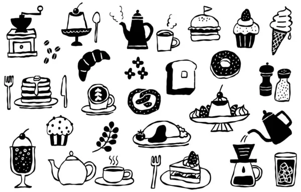El yapımı kafe menüsü ve tatlılar monokrom illüstrasyon seti