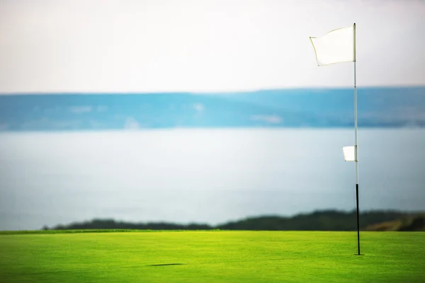 Bandera, hoyo y pelota de golf en el campo verde . —  Fotos de Stock