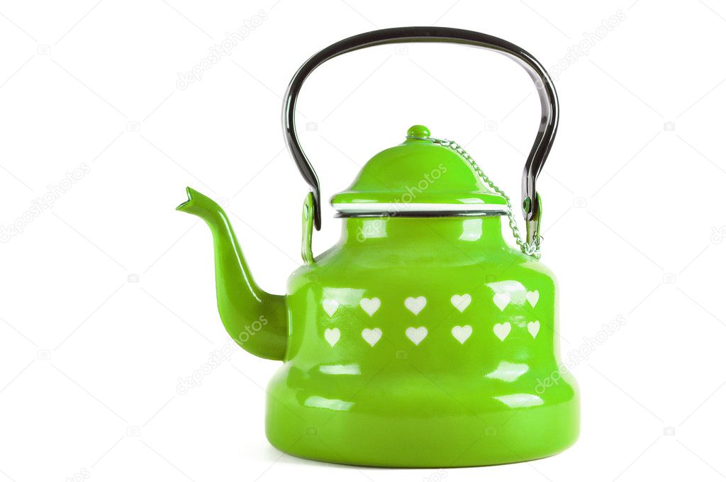 Green kettle isolated on white with clipping