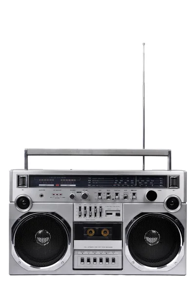 1980er Jahre silberne Ghetto-Radio-Boom-Box mit Antenne oben isoliert auf — Stockfoto