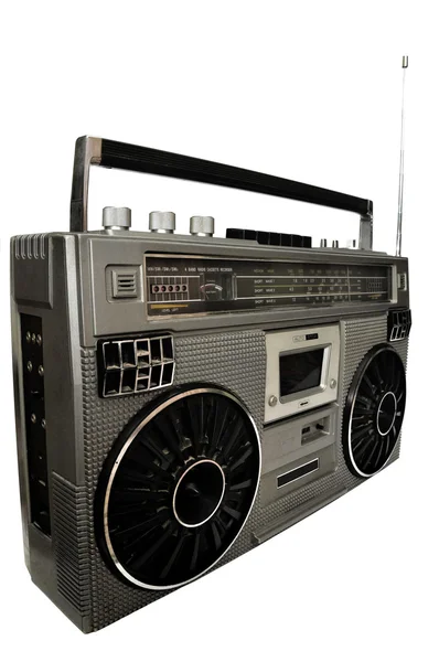 1980-as ezüst retro, boom box és fejhallgató elszigetelt fehér. — Stock Fotó