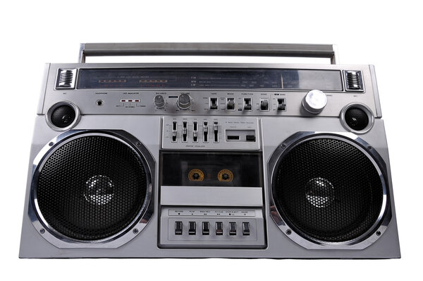 1980s Silver retro ghetto radio boom box isolated on white background with clipping path
