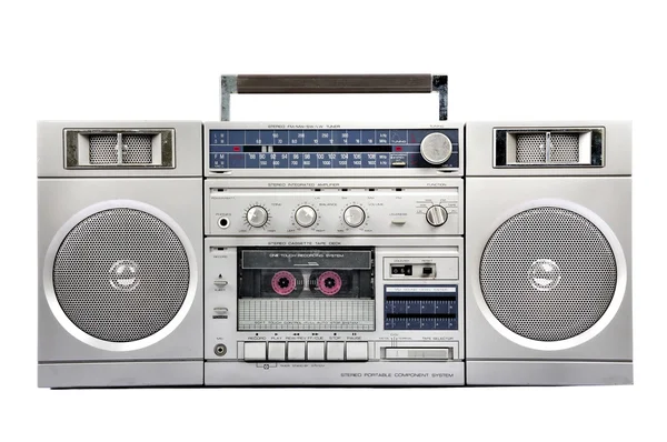 Της δεκαετίας του 1980 κουτί έκρηξη ασημένια ραδιόφωνο απομονωμένα σε λευκό. μέτωπο — Φωτογραφία Αρχείου