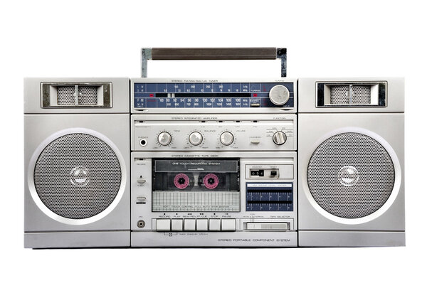 1980s Silver radio boom box with cassette isolated on white background