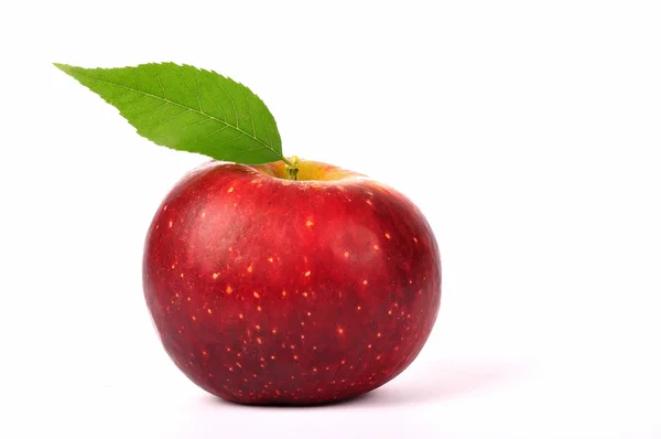 Свежее красное яблоко с зеленым листом, изолированным на белом — стоковое фото