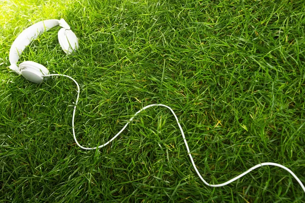 Auricolari di musica bianca su erba verde, ripresa in studio — Foto Stock