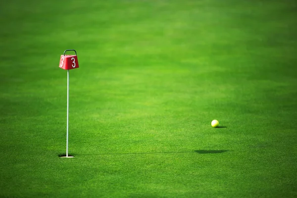 Tierra de golf verde y pelota cerca del agujero — Foto de Stock