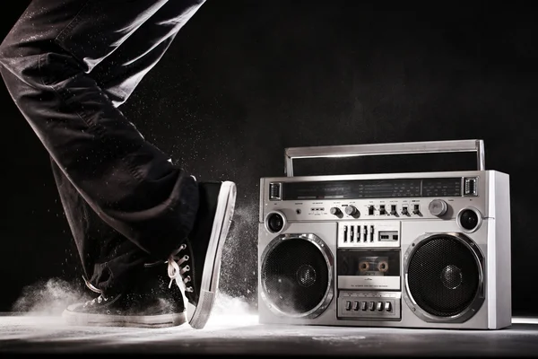 Retro ghetto boom box, dust and dancer isolated on black with cl — Stock Photo, Image