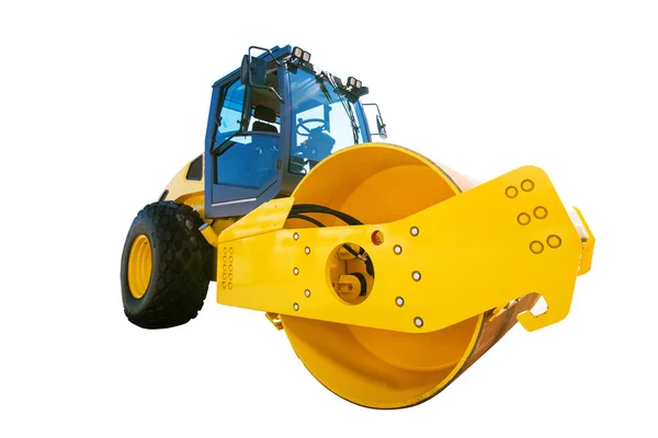 Big modern yellow road roller heavy construction machine isolate — Stock Photo, Image