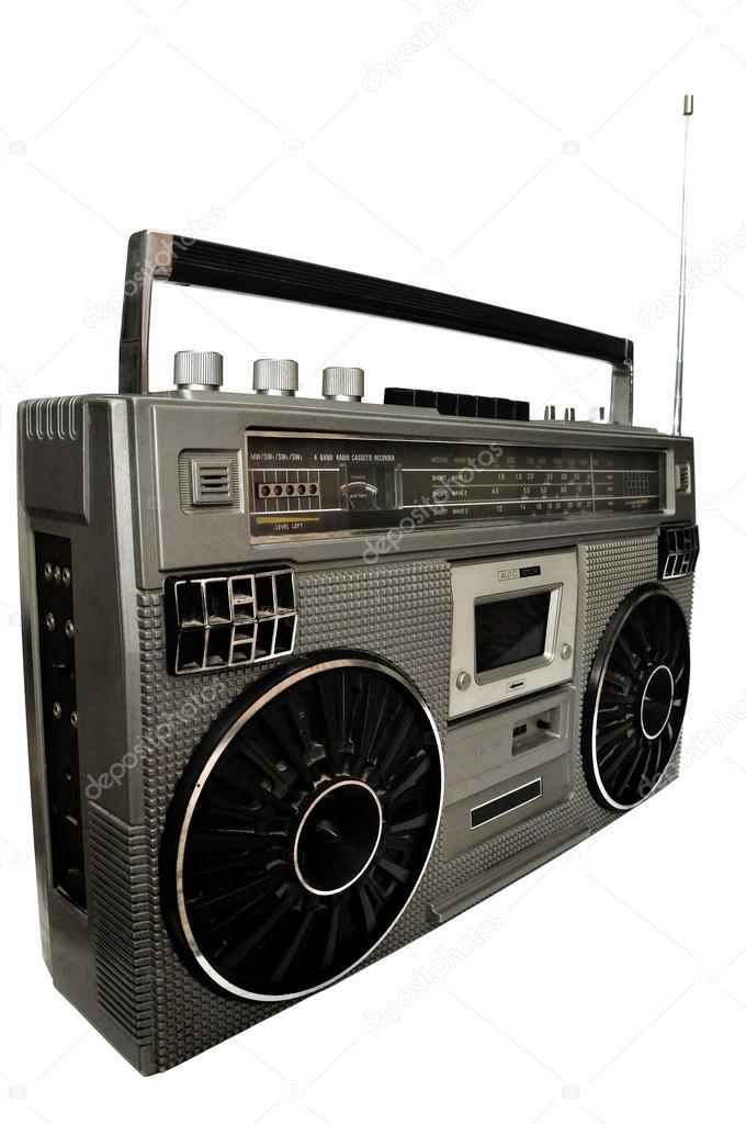 1980s Silver retro, boom box and headphone isolated on white.
