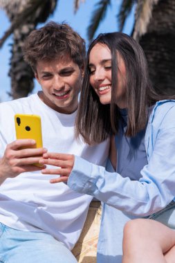 Genç bir adam ve kadın, deniz kenarındaki palmiye ağaçlarının altındaki ahşap bir bankta oturuyor, birlikte sarı akıllı telefona bakarken gülümsüyorlar, sosyal medyanın ve açık hava rahatlığının keyfini çıkarıyorlar. Dikey